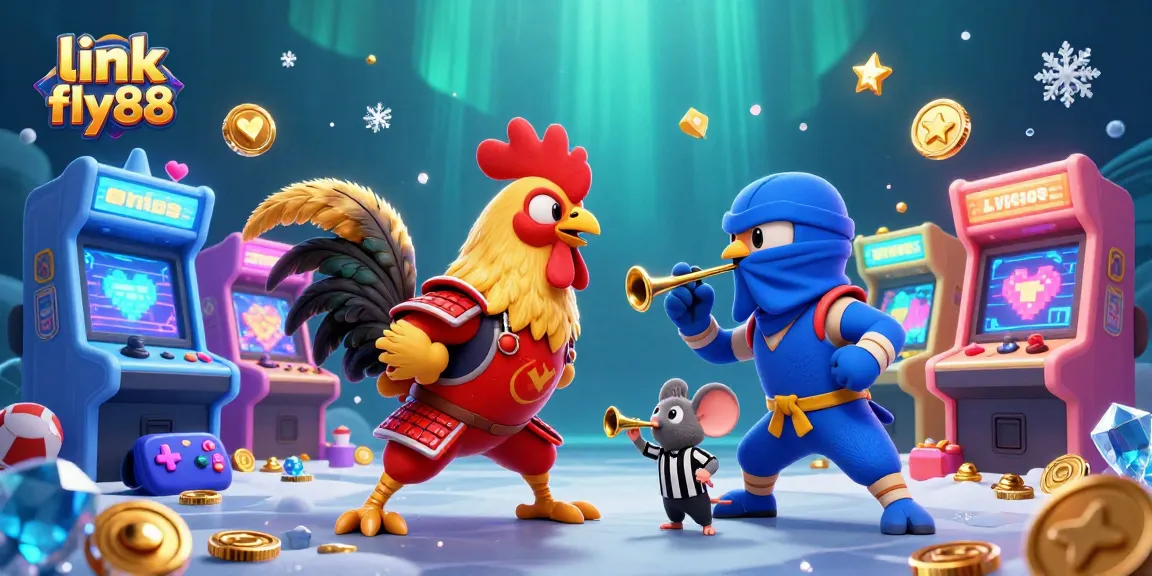Experience the excitement of link fly88 with two fighting roosters in colorful casino style, dynamic action scene