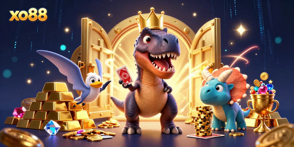 Experience thrilling action at xo88 with friendly dinosaurs shuffling cards and stacking chips in a vibrant casino.