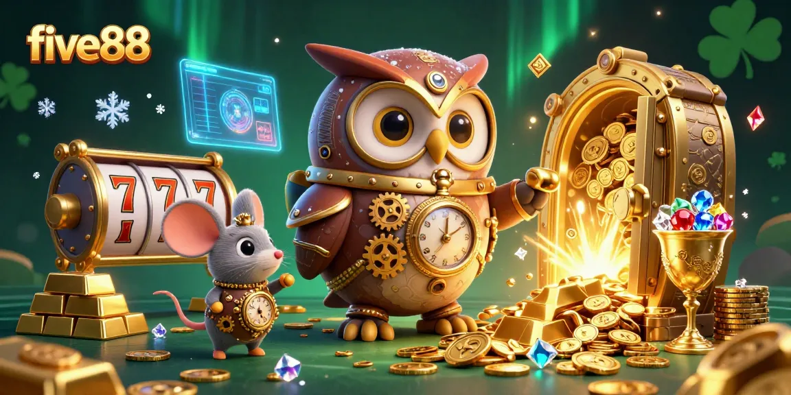 Experience winning at five88 with vibrant 3D casino adventure featuring slot reels and steampunk characters.