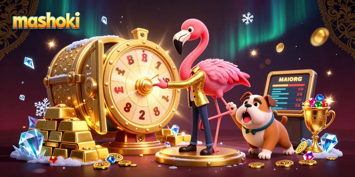 Engage in thrilling mashoki casino games with a vibrant 3D illustration featuring exciting characters and a prize wheel.