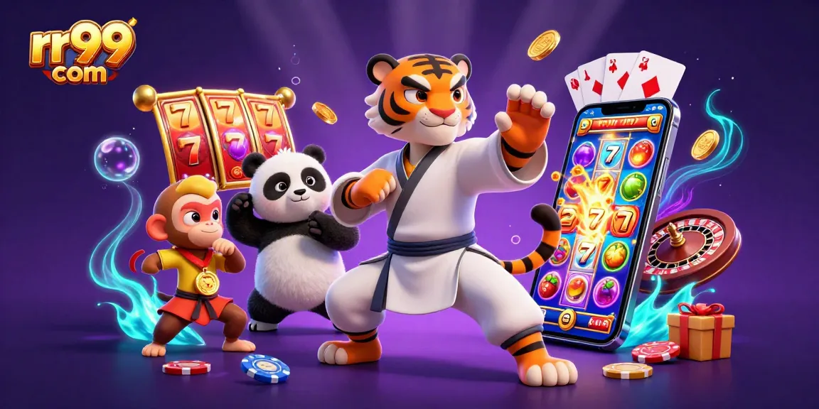 Spin and win with rr99 com in a dynamic casino scene featuring a kung fu tiger and vibrant slot reels.