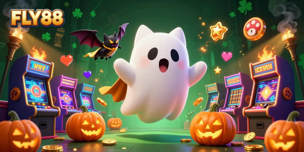 FLY88 showcases a ghost cat and bat enjoying exciting casino adventures filled with glowing elements.