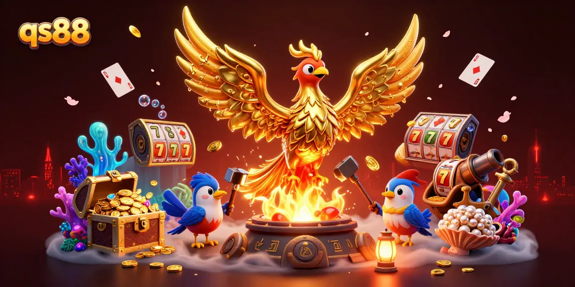 Experience thrilling jackpots with qs88 as golden coins cascade from a molten phoenix in a vibrant casino.