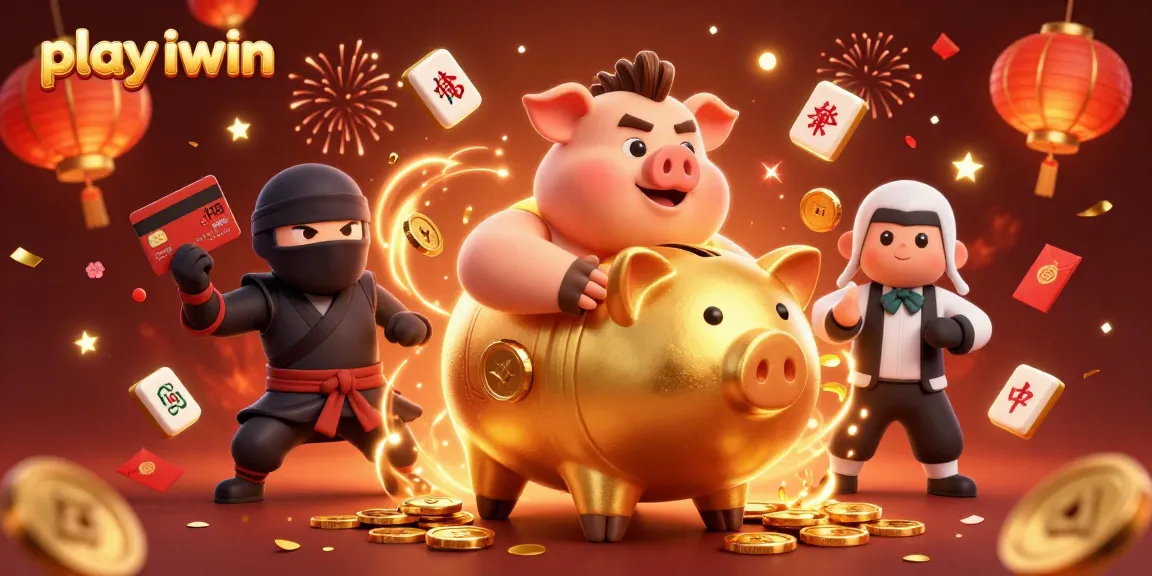 Play iwin with an enormous golden piggy bank and dynamic gaming elements in a festive scene.