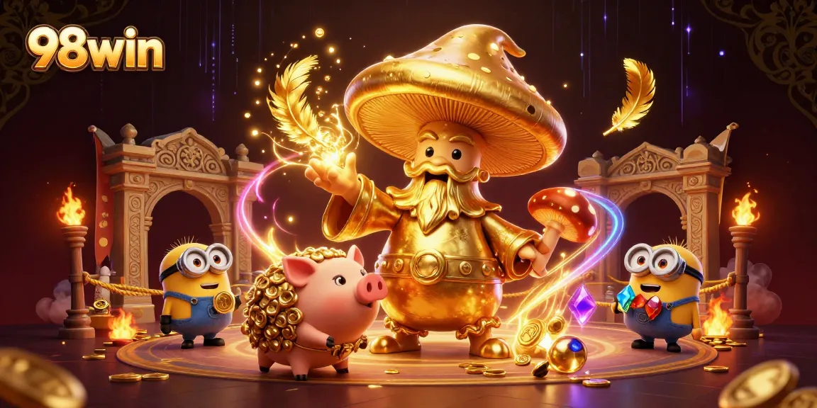 Experience the thrilling magic of 98win with our enchanting 3D illustration of a wizard, treasure hunting, and gaming excitement!