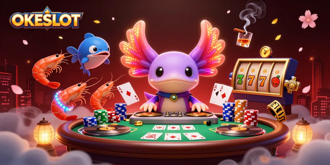OKESLOT menghadirkan suasana permainan slot yang energik dengan DJ axolotl neon dan elemen kasino lainnya.