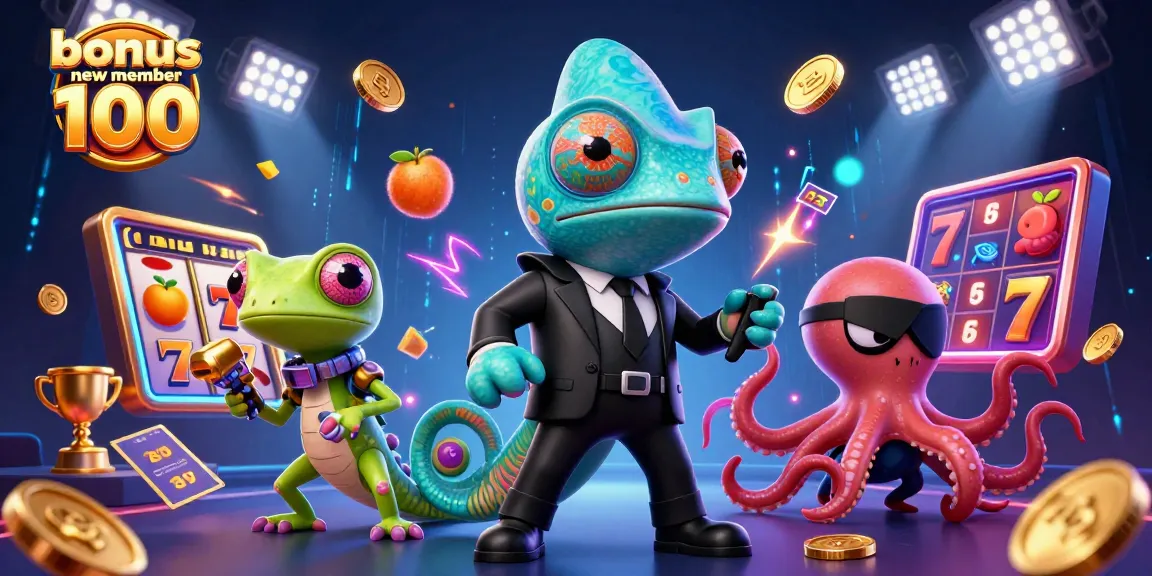 Engage with the bonus new member 100 promotion featuring colorful slot game elements and lively characters.
