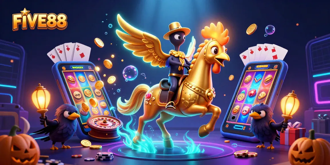Experience the thrilling excitement of FIVE88 in a vibrant casino scene filled with golden coins and animated characters.