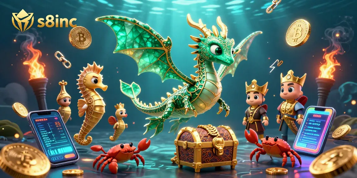 Engage with the vibrant treasures of s8inc, featuring a sea dragon amidst crypto coins and dynamic gaming elements.