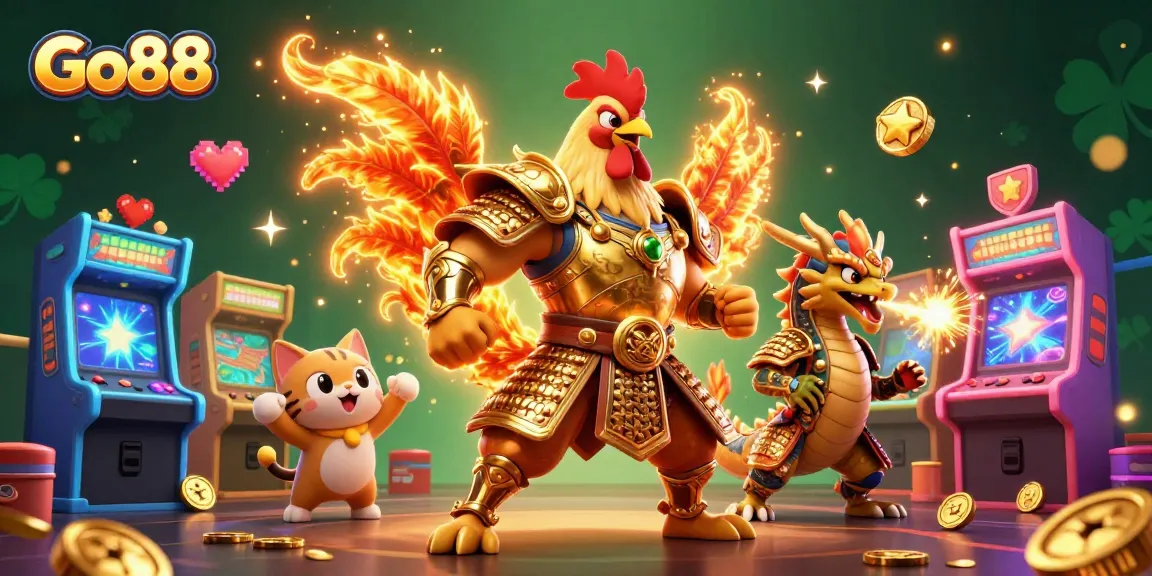Experience thrilling gameplay with Go88, featuring a fiery rooster warrior, armored dragon, and vibrant casino elements.