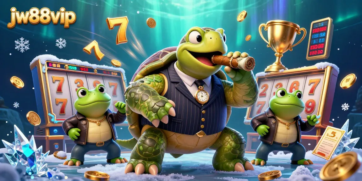 Engage in thrilling slots action at jw88vip with a vibrant 3D casino scene featuring a charming turtle and bullfrogs.