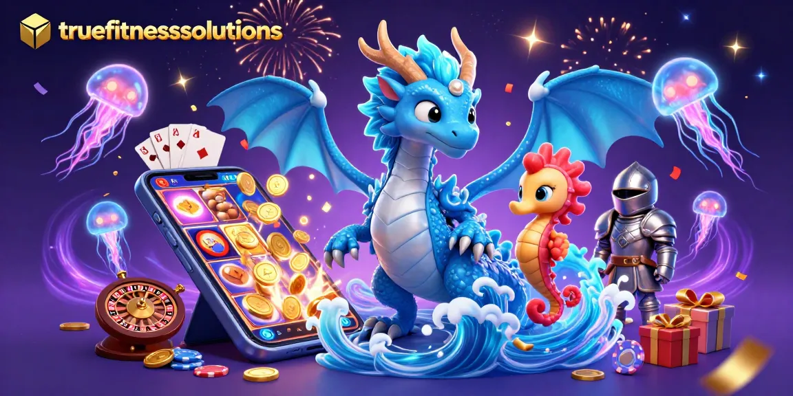 truefitnesssolutions unveils a vibrant casino experience with a dragon, seahorse knight, and slot game elements.