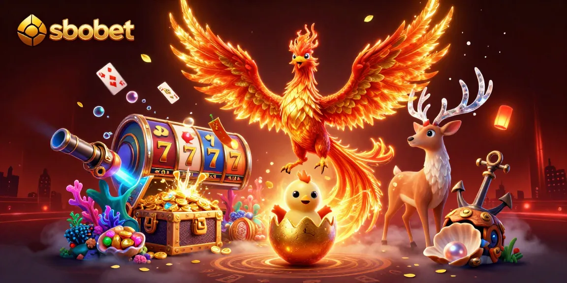 Sbobet unveils a spectacular scene featuring a phoenix soaring above slot reels and dynamic gaming elements.