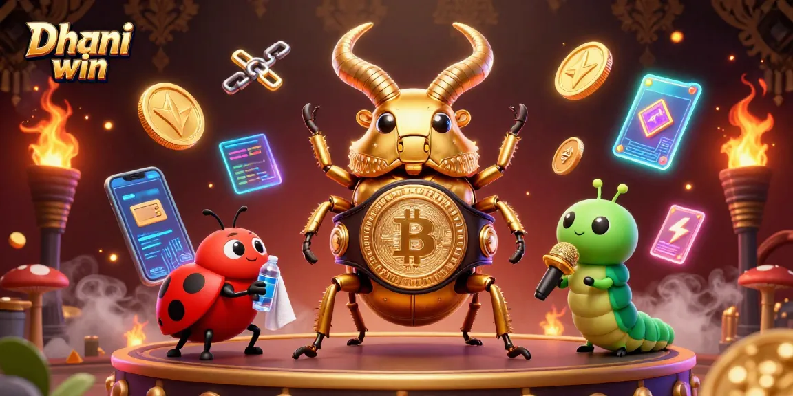 Dhani win cartoon scene featuring a giant stag beetle champion, ladybug coach, and caterpillar announcer amidst vibrant gambling elements