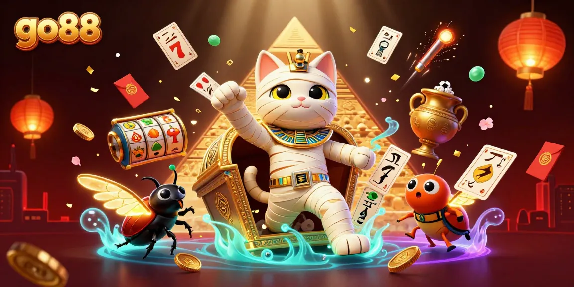 Spin and win with go 88's vibrant 3D casino scene featuring an Egyptian mummy cat and rich symbols.
