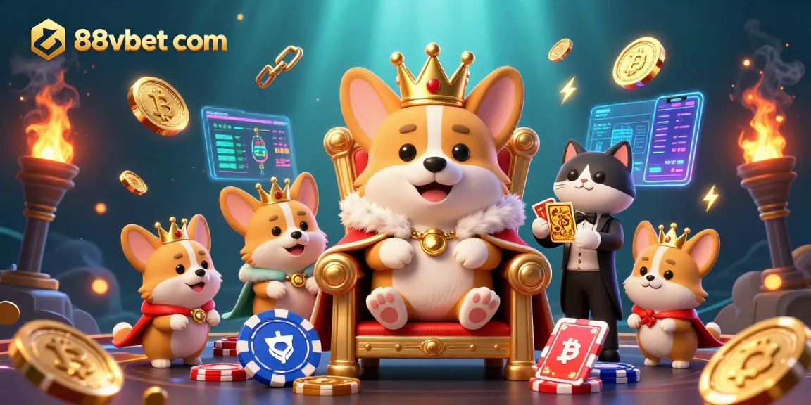 Bet on 88vbet com with vibrant crypto elements and royal corgi characters amidst a dazzling casino scene.