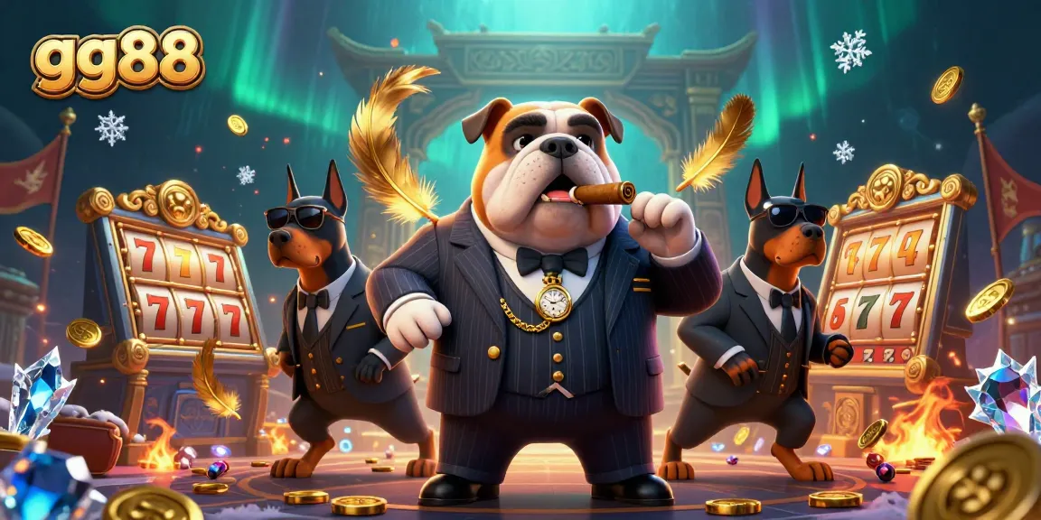 Engage with the gg88 casino experience, featuring a mafia bulldog and Doberman guards surrounded by festive slot game elements.