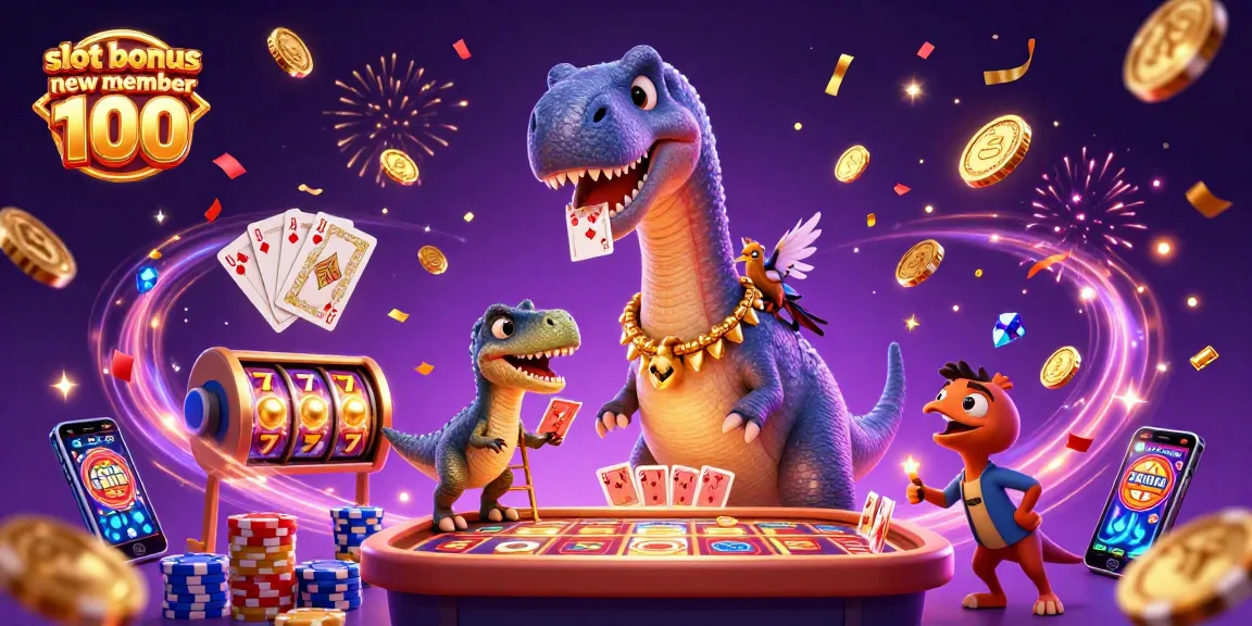 Engage with slot bonus new member 100 through a vibrant scene featuring a brontosaurus and a clever raptor in a casino.