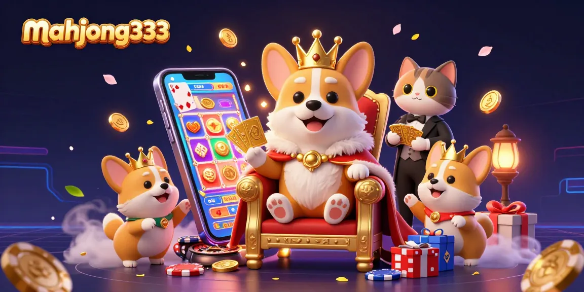 Experience the excitement at mahjong333 with a playful royal corgi and vibrant casino elements.