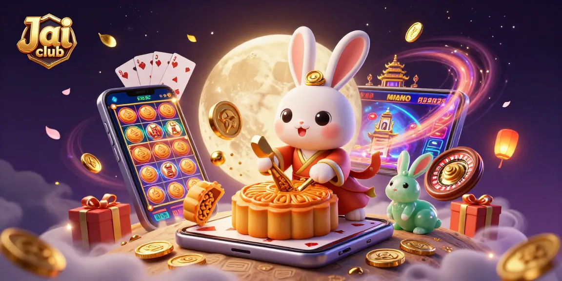 Play exciting games at Jai club with a vibrant 3D casino illustration featuring moon rabbits and poker chips.