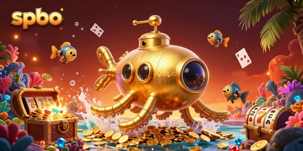 Engage with spbo's colorful casino adventure featuring golden submarine and treasure.