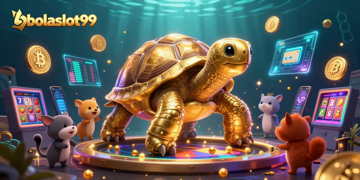Play exciting slot games with bolaslot99 featuring a golden tortoise and cryptocurrencies.