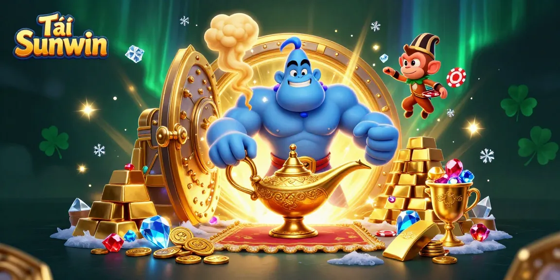 Experience Tải Sunwin with a magical 3D casino scene featuring a genie and treasures.