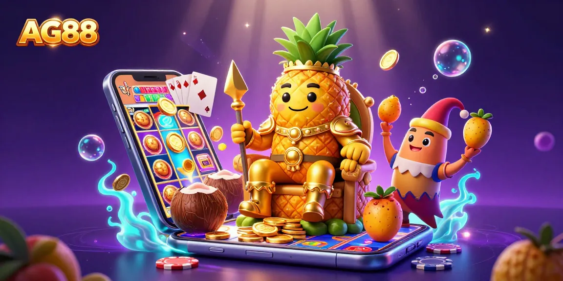 Experience the excitement of AG88 with a vibrant 3D illustration of a golden pineapple king and casino games.