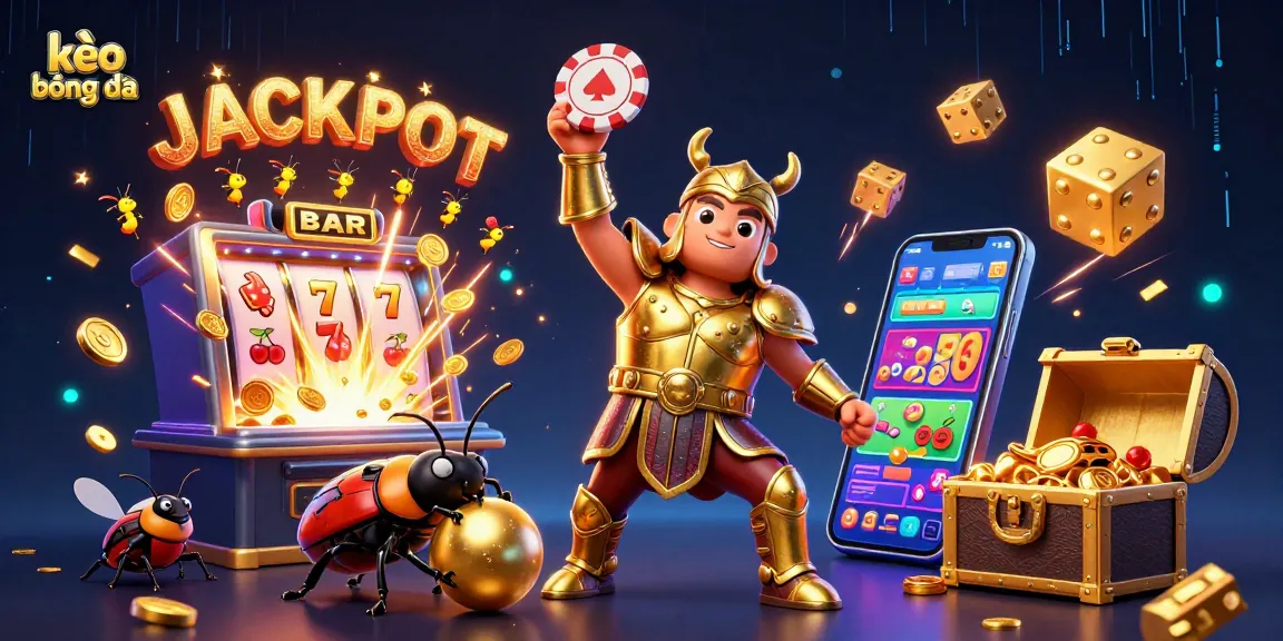 Engage with kèo bóng đá as a beetle in golden armor proclaims victory amidst a vibrant casino scene.