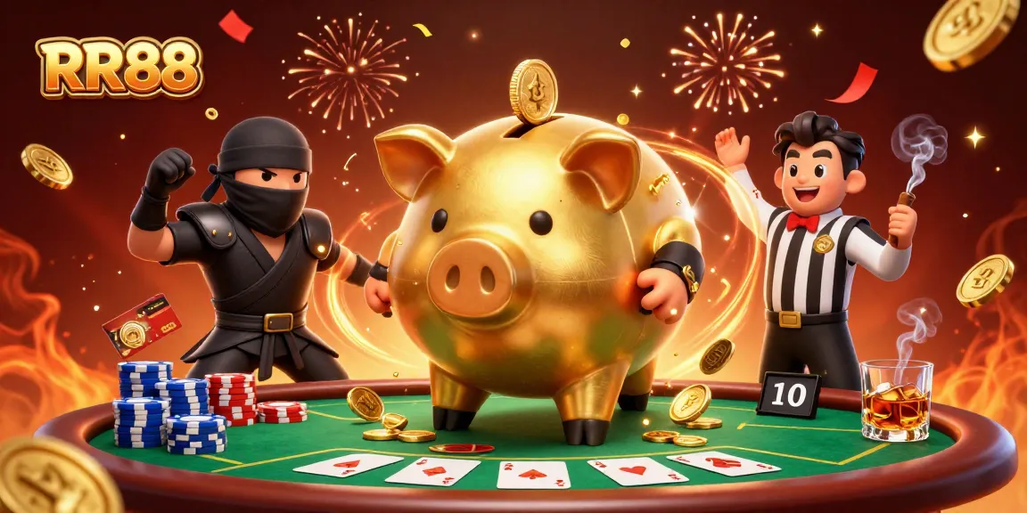 RR88 players engage in thrilling action as golden coins spill amidst celebration and poker excitement.