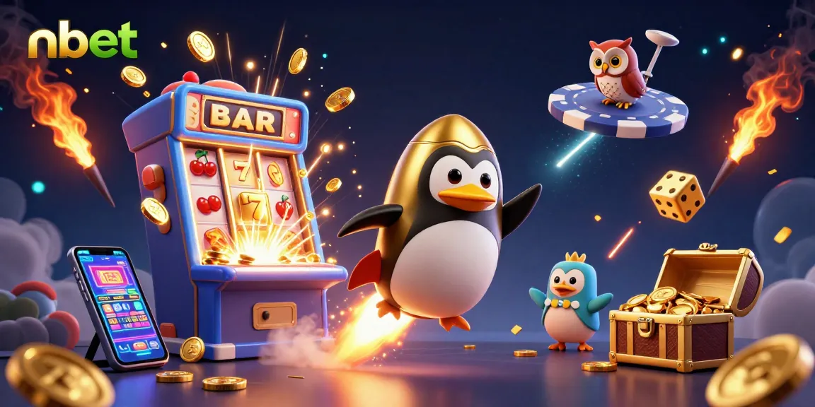 Experience nbet's thrilling adventure as a golden penguin conquers a cosmic casino, igniting jackpots!
