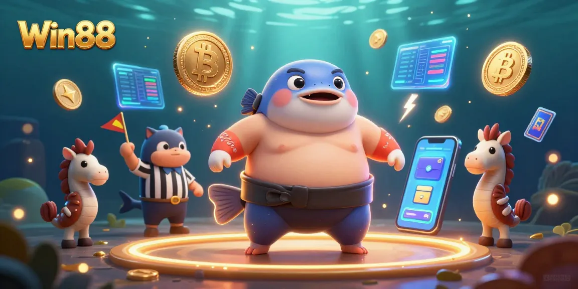 Win88 delights players with an engaging underwater casino scene featuring a fugu and catfish referees.