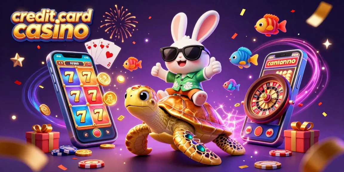 Experience excitement at credit card casinos with a lucky rabbit and golden sea turtle illustration.