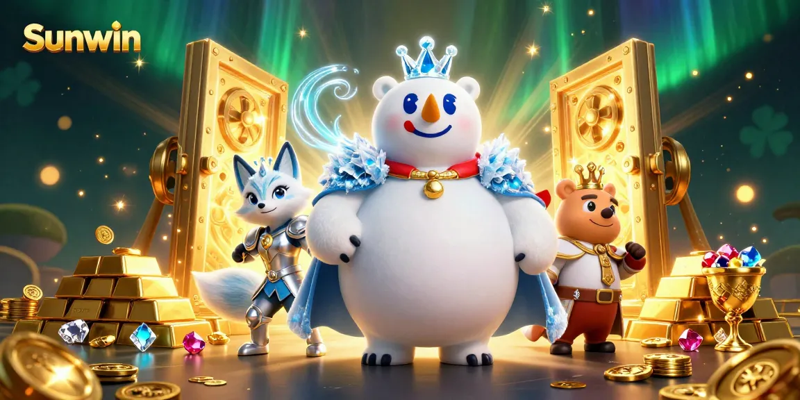 Engage with Sunwin gaming excitement through playful characters, gold treasure, and vivid casino elements.