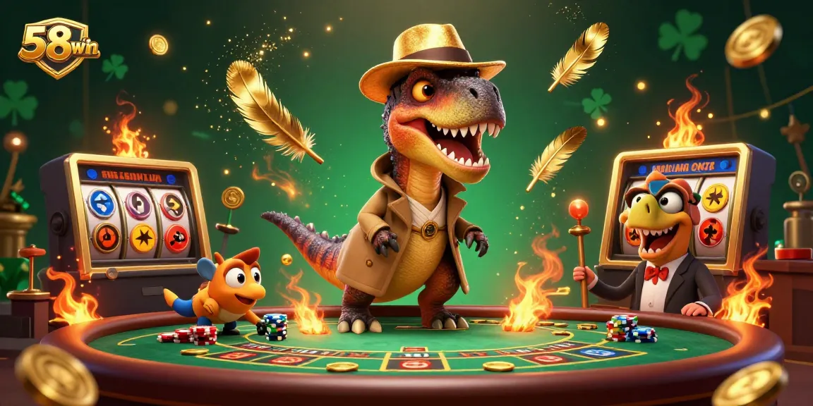 Experience thrilling slots action with 58win featuring a velociraptor at a blackjack table amidst gold coins and dynamic casino elements.