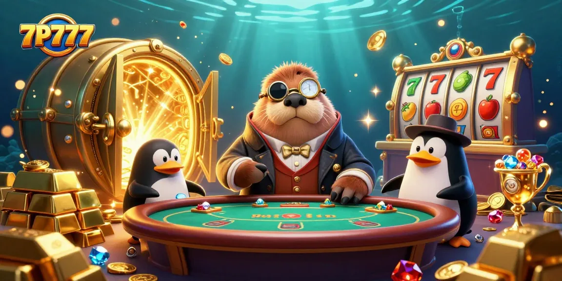Experience excitement with 7P777 as a walrus and friends play thrilling poker underwater.