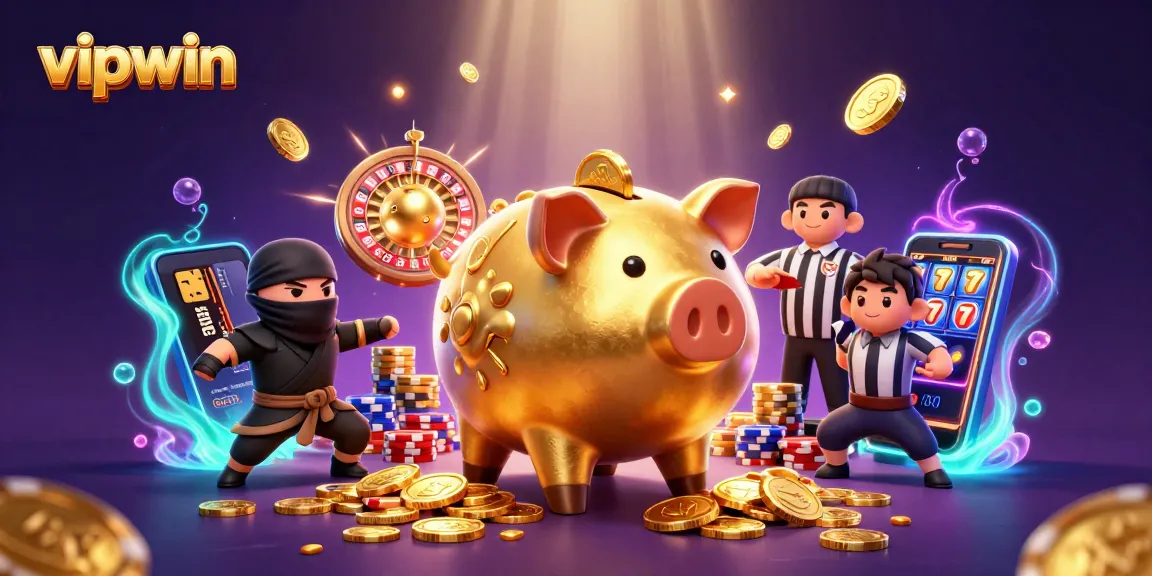 Engage with exciting gameplay at vipwin as a golden piggy bank sumo wrestler and friends unleash casino fun!