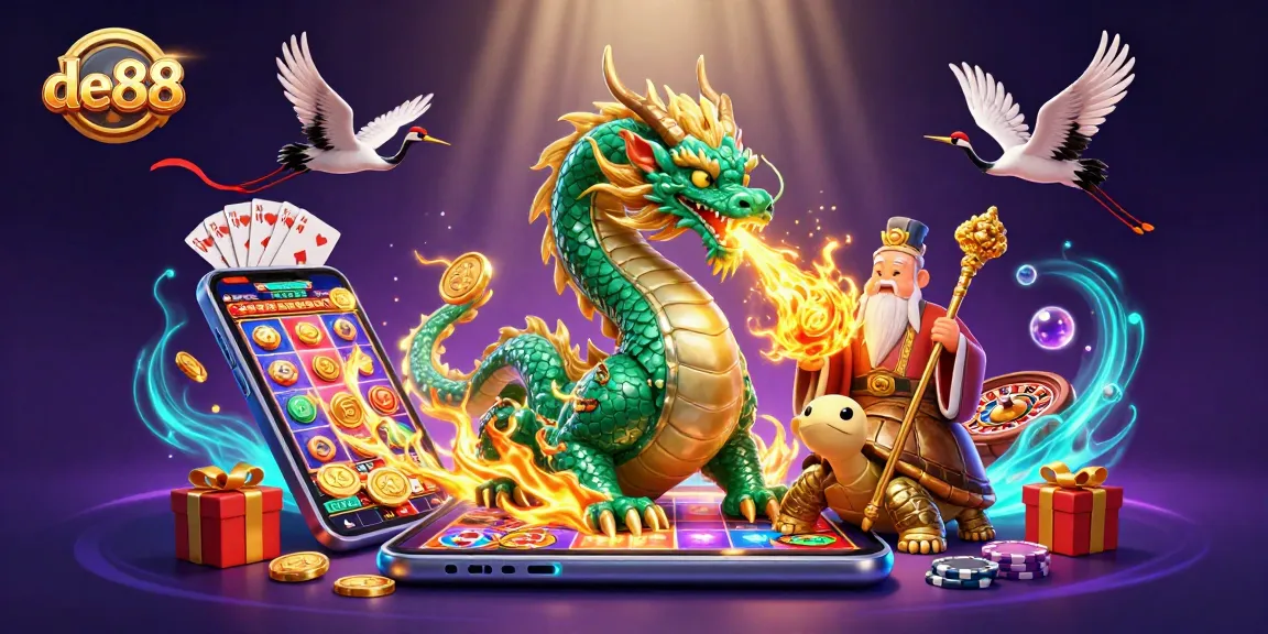 de88 captures immense excitement with a jade dragon and busy casino elements swirling in a vibrant 3D scene.
