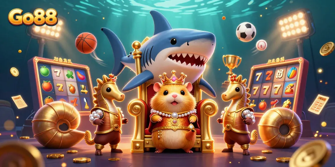 Go88 showcases a vibrant scene with a fierce golden hamster king amidst spinning slots and dynamic sports elements.