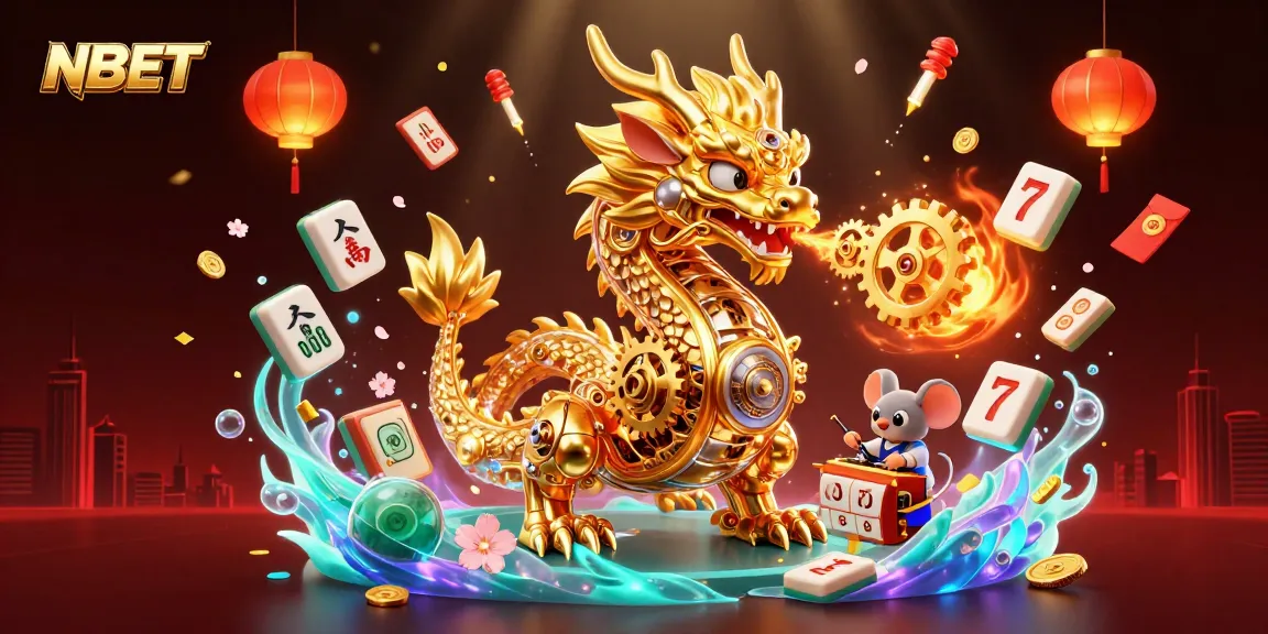 Engage with NBET in a vibrant casino scene featuring a mechanical dragon and floating game elements.