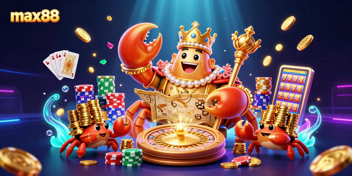 Experience the max88 online casino world with our vibrant golden crab emperor illustration, rich in gaming elements.