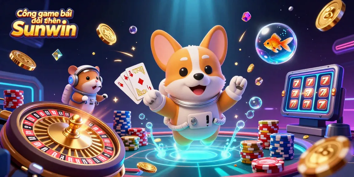 Cổng game bài đổi thưởng Sunwin offers a vibrant scene with a corgi astronaut in a casino setting surrounded by floating goodies.