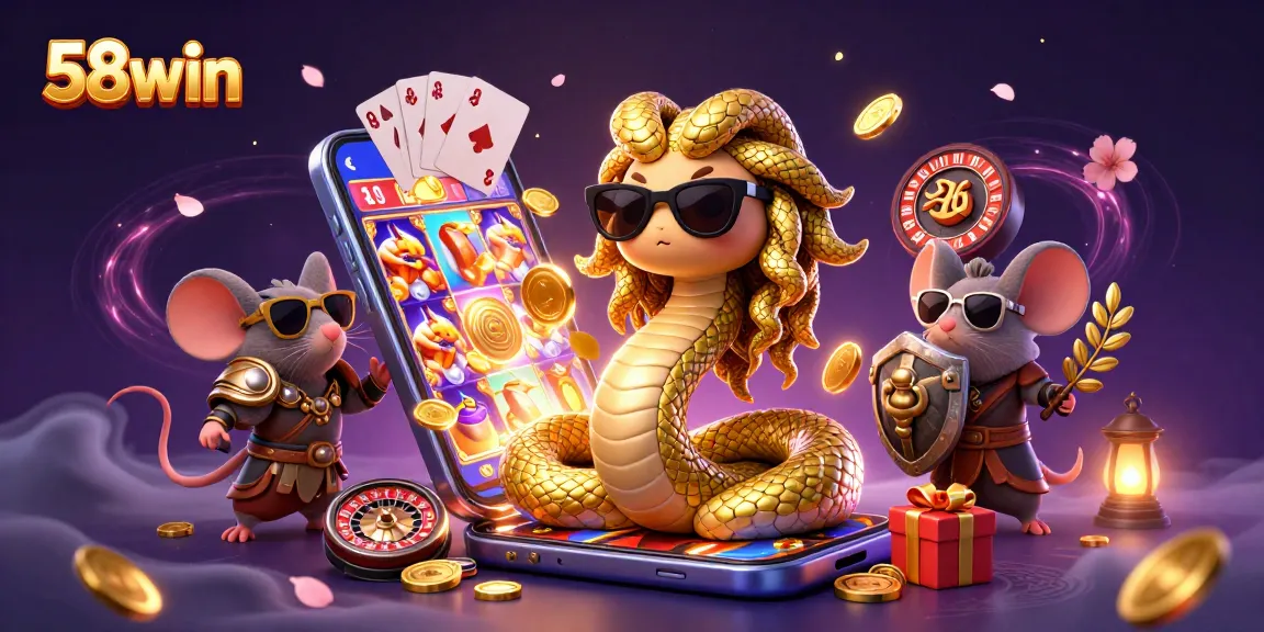 Experience thrilling wins with 58win's captivating casino scene featuring Medusa and gaming elements.