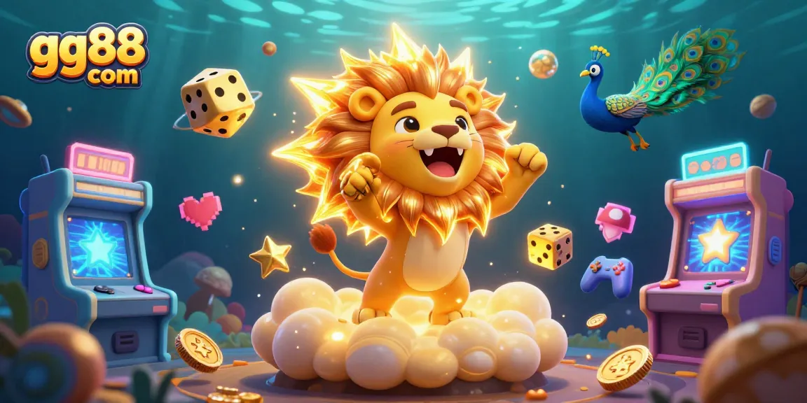 Experience the thrilling gaming action at gg88 com with this vibrant 3D casino illustration featuring a majestic lion and colorful gaming elements.