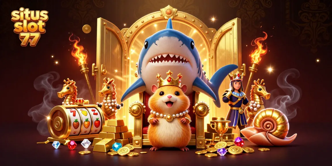 Situs slot 77 features a vibrant 3D scene of a golden hamster king and dynamic casino elements, symbolizing winning potential.