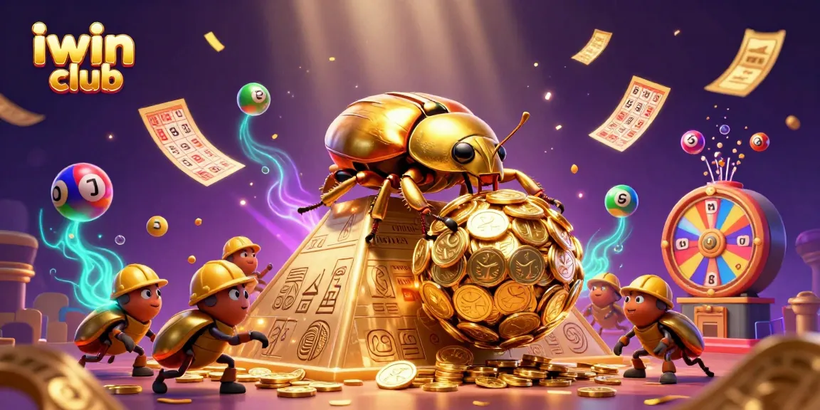 Engage with iwin club's vibrant scene with golden beetles, lottery balls, and dynamic casino elements.