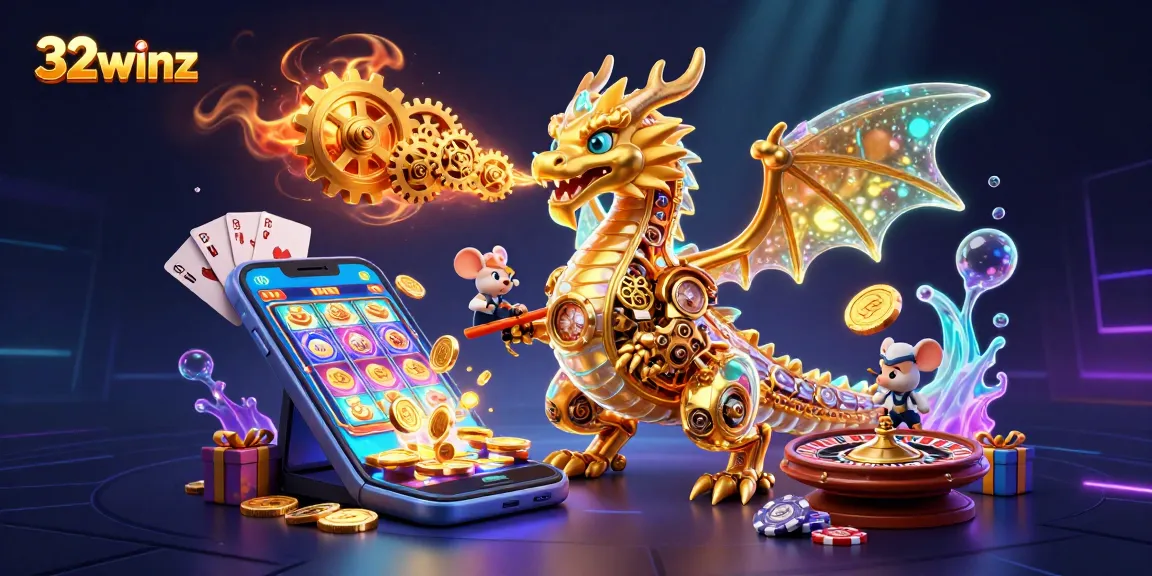 Engage with 32winz as the golden dragon breathes gears in a dynamic casino scene full of excitement.