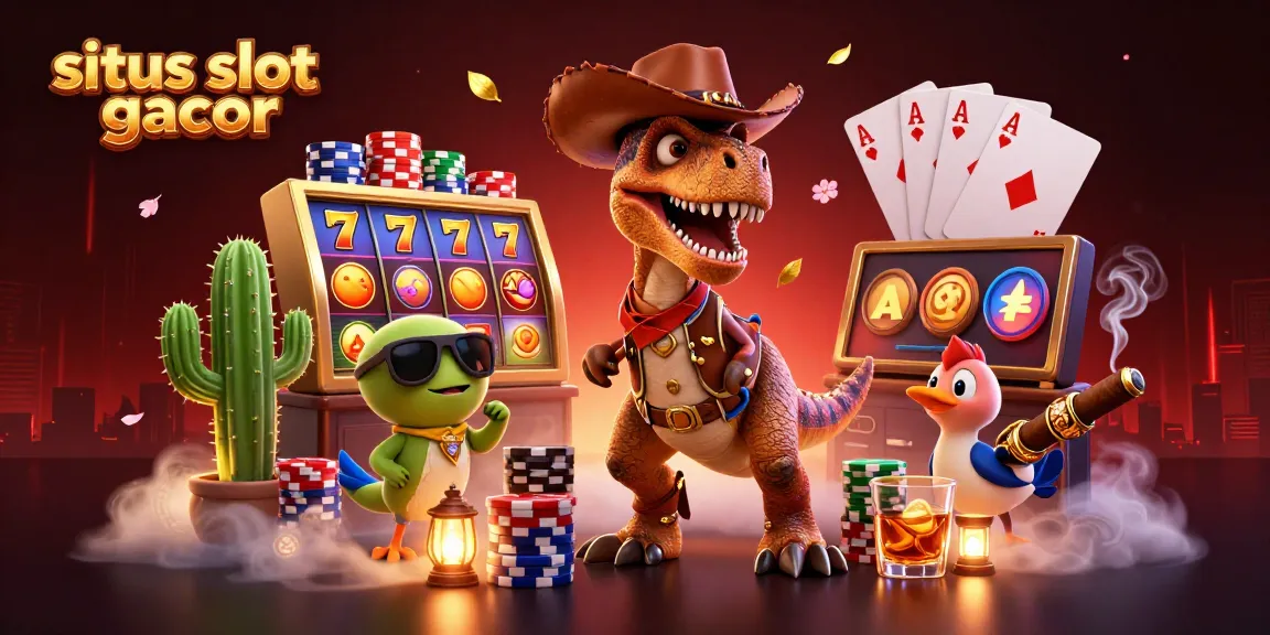 Engage in the thrill of situs slot gacor with a vibrant 3D casino scene featuring a cowboy dinosaur and companions.