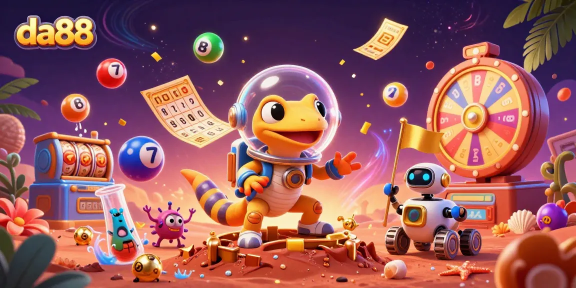 Join the excitement at da88 with a Martian gecko discovering a golden casino filled with colorful lottery elements.