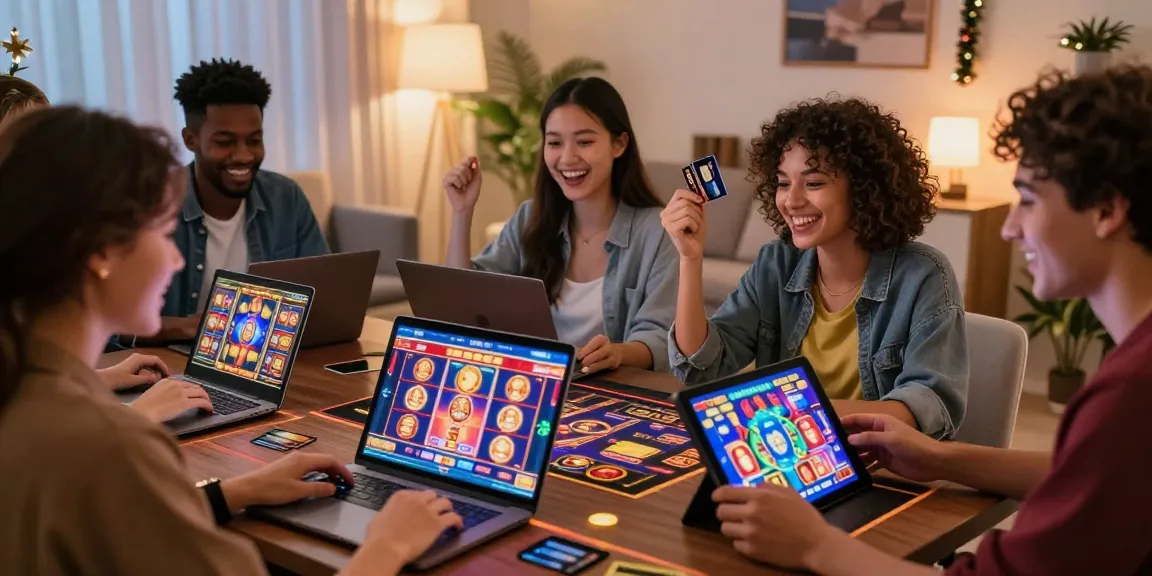 Friends enjoying an online gaming night at home, showcasing casinos that accept credit cards with vibrant slot games.